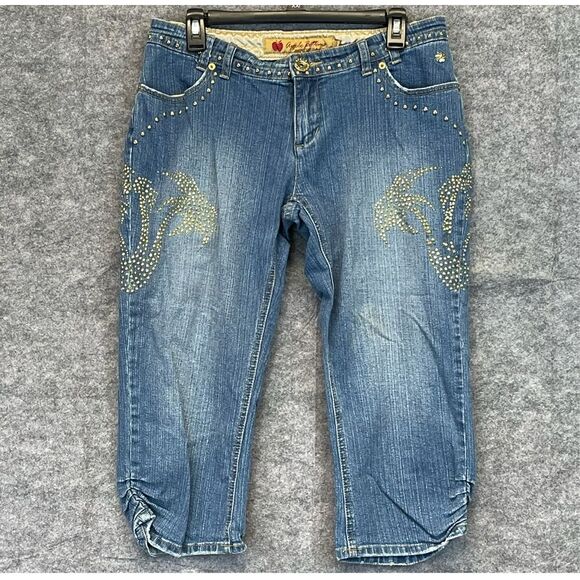 APPLE BOTTOMS Y2K Jeans Womens  9/10 Blue Denim Capri Palm Tree Gold Rhinestones - Picture 1 of 16